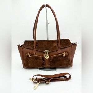 Made in Italy Brown Suede & Leather Shoulder Bag with Gold Hardware